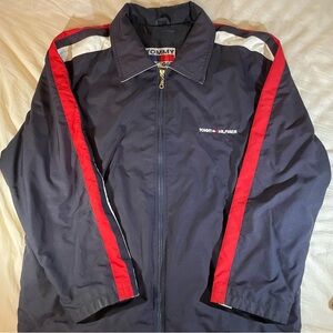 Vintage Tommy Hilfiger Men's Navy Windbreaker with Red and White Stripes